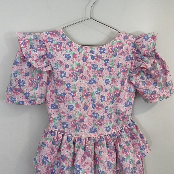 Vintage 80s/90s Floral Party Dress Girls L Pink Ruffle Easter Wedding Girly EUC - Picture 2 of 13
